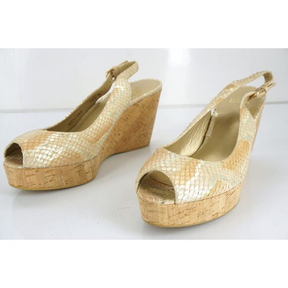 Stuart Weitzman Jean Metallic Snake Slingback Cork Wedge Heel Sandal SZ 10.5 New - Picture 6 of 11